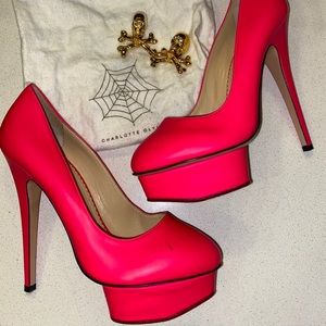 Auth. Charlotte Olympia Neon Pink Platform Heels